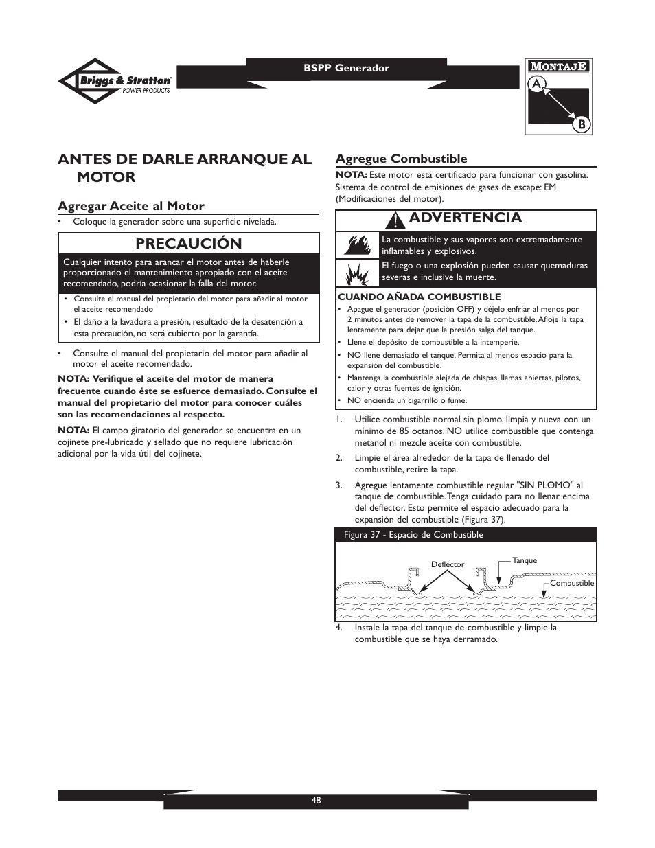 Antes de darle arranque al motor, Precaución, Advertencia | Agregar aceite al motor, Agregue combustible | Briggs & Stratton PRO8000 User Manual | Page 48 / 60