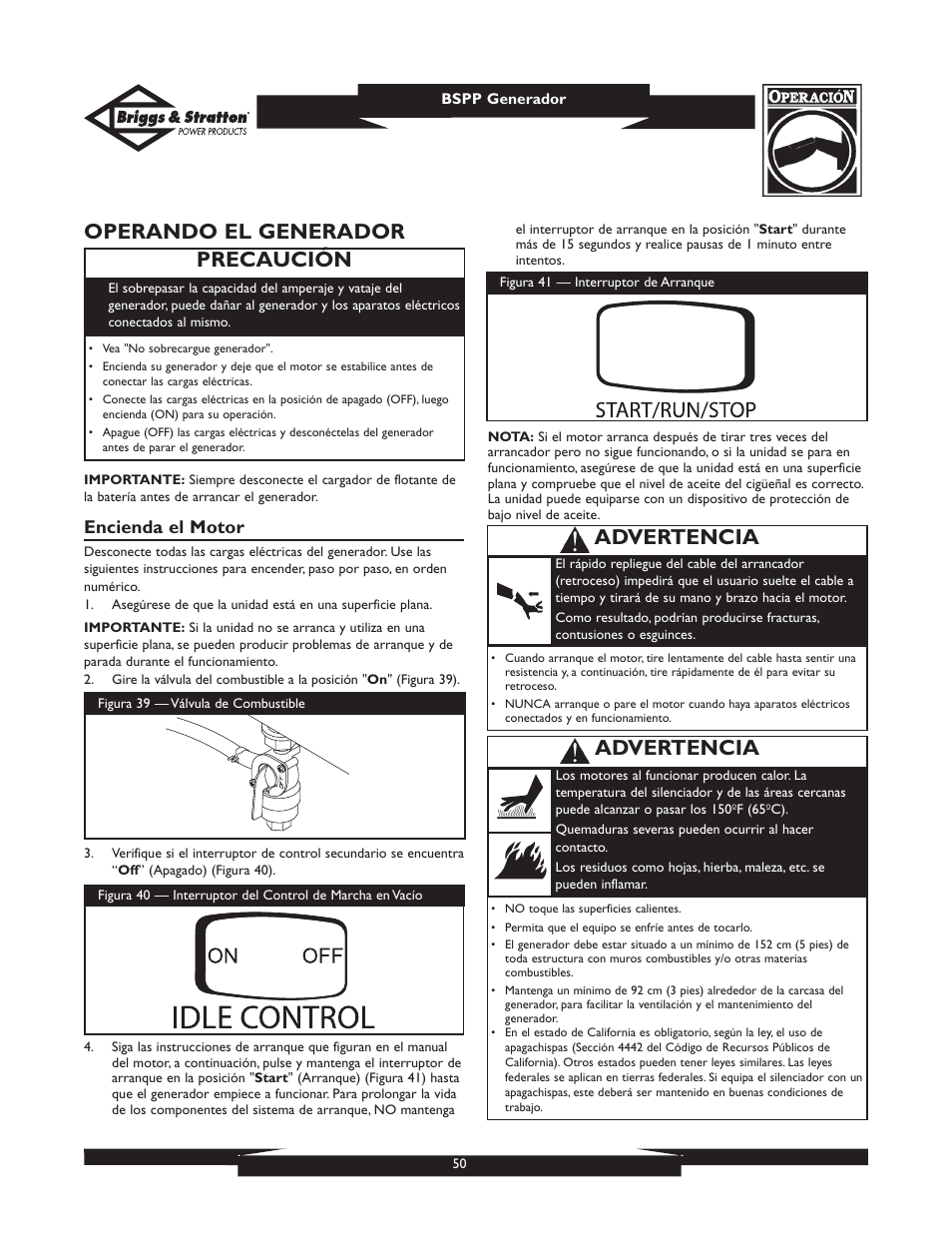 Operando el generador, Precaución, Advertencia | Encienda el motor | Briggs & Stratton PRO8000 User Manual | Page 50 / 60