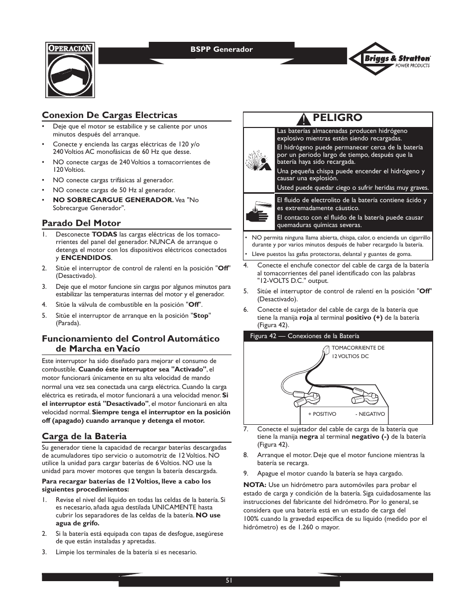 Peligro, Conexion de cargas electricas, Parado del motor | Carga de la bateria | Briggs & Stratton PRO8000 User Manual | Page 51 / 60