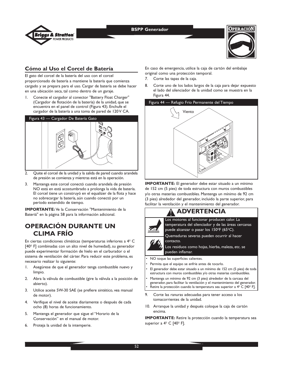 Operación durante un clima frío, Advertencia, Cómo al uso el corcel de batería | Briggs & Stratton PRO8000 User Manual | Page 52 / 60