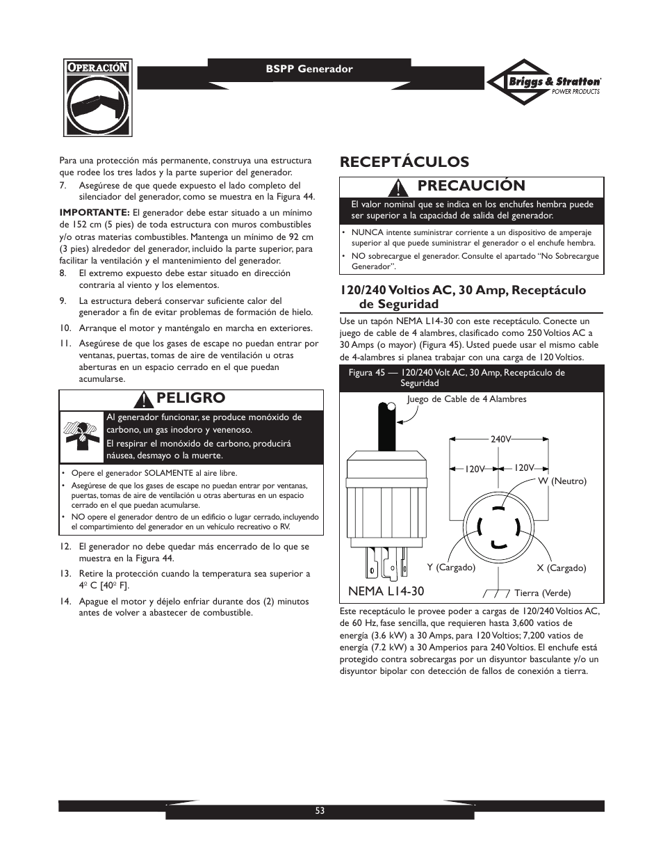 Receptáculos, Precaución, Peligro | Nema l14-30 | Briggs & Stratton PRO8000 User Manual | Page 53 / 60