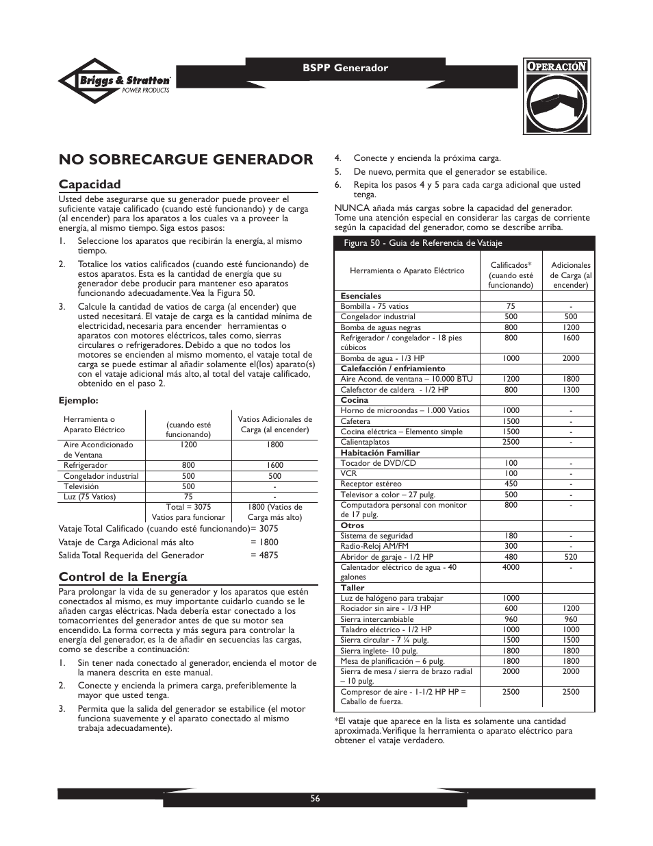 No sobrecargue generador, Capacidad, Control de la energía | Briggs & Stratton PRO8000 User Manual | Page 56 / 60