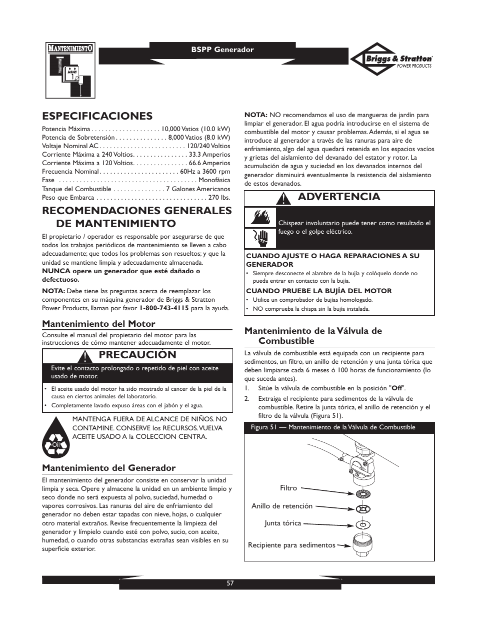 Especificaciones, Recomendaciones generales de mantenimiento, Precaución | Advertencia | Briggs & Stratton PRO8000 User Manual | Page 57 / 60