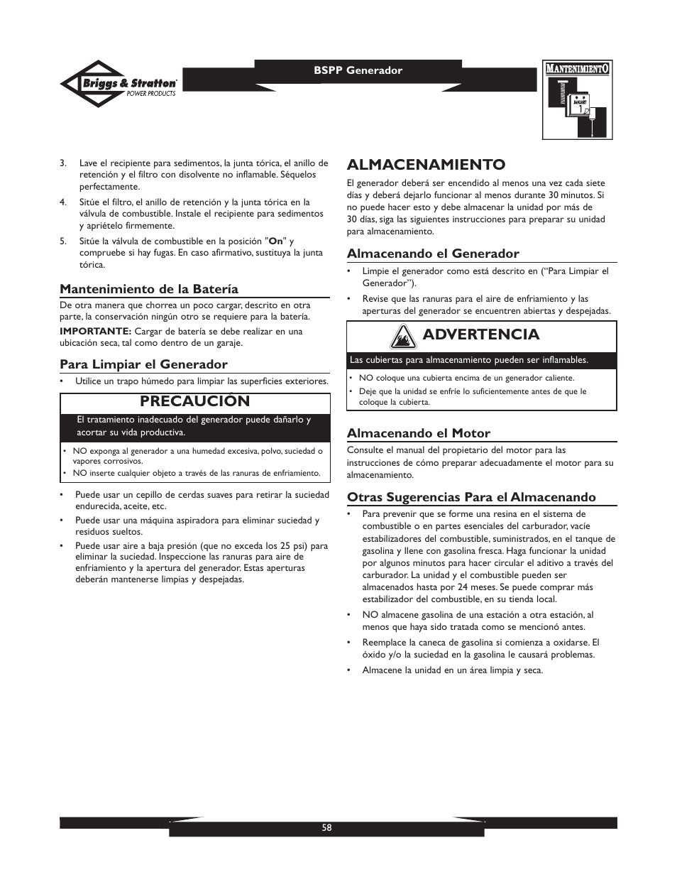 Almacenamiento, Precaución, Advertencia | Briggs & Stratton PRO8000 User Manual | Page 58 / 60