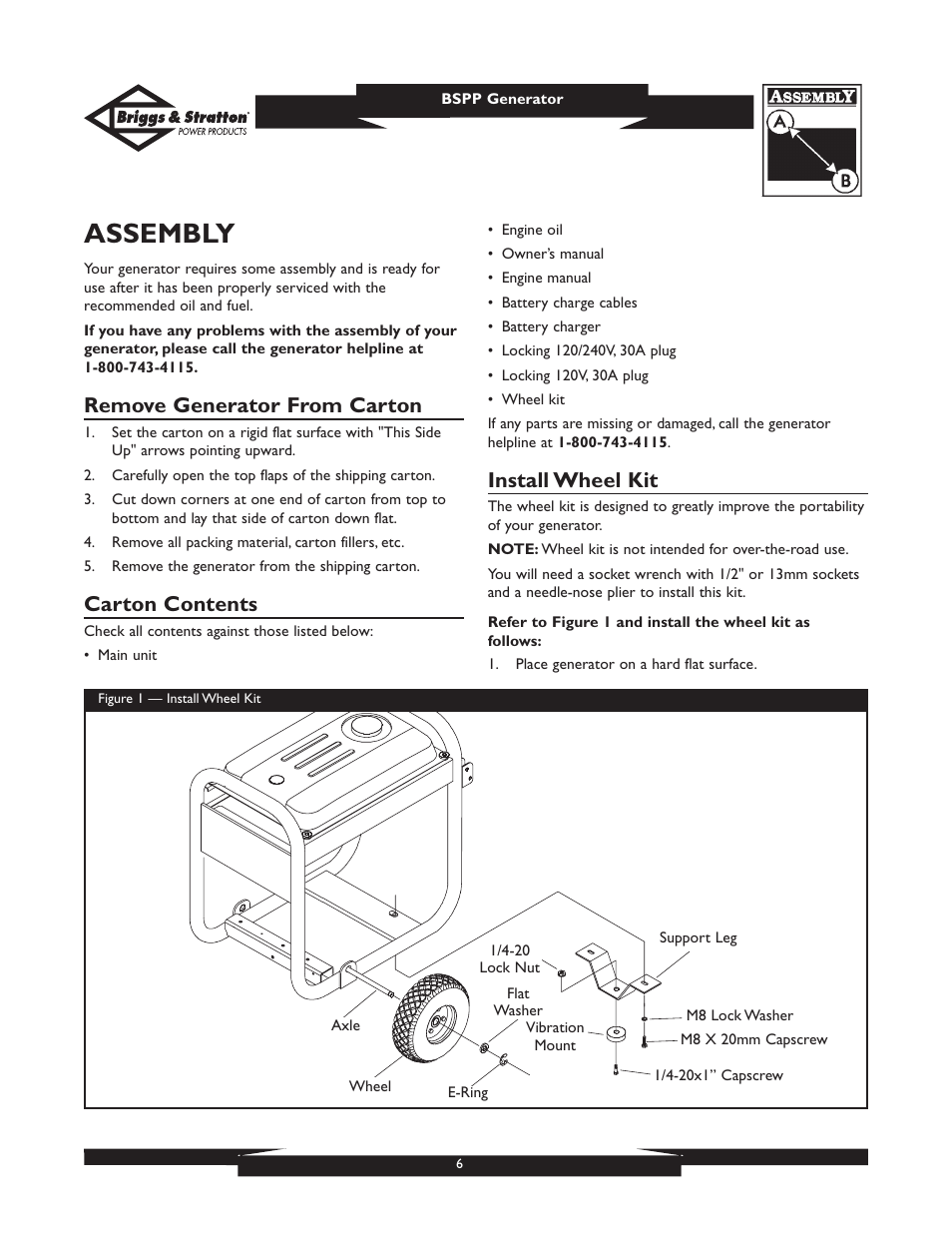 Assembly, Remove generator from carton, Carton contents | Install wheel kit | Briggs & Stratton PRO8000 User Manual | Page 6 / 60
