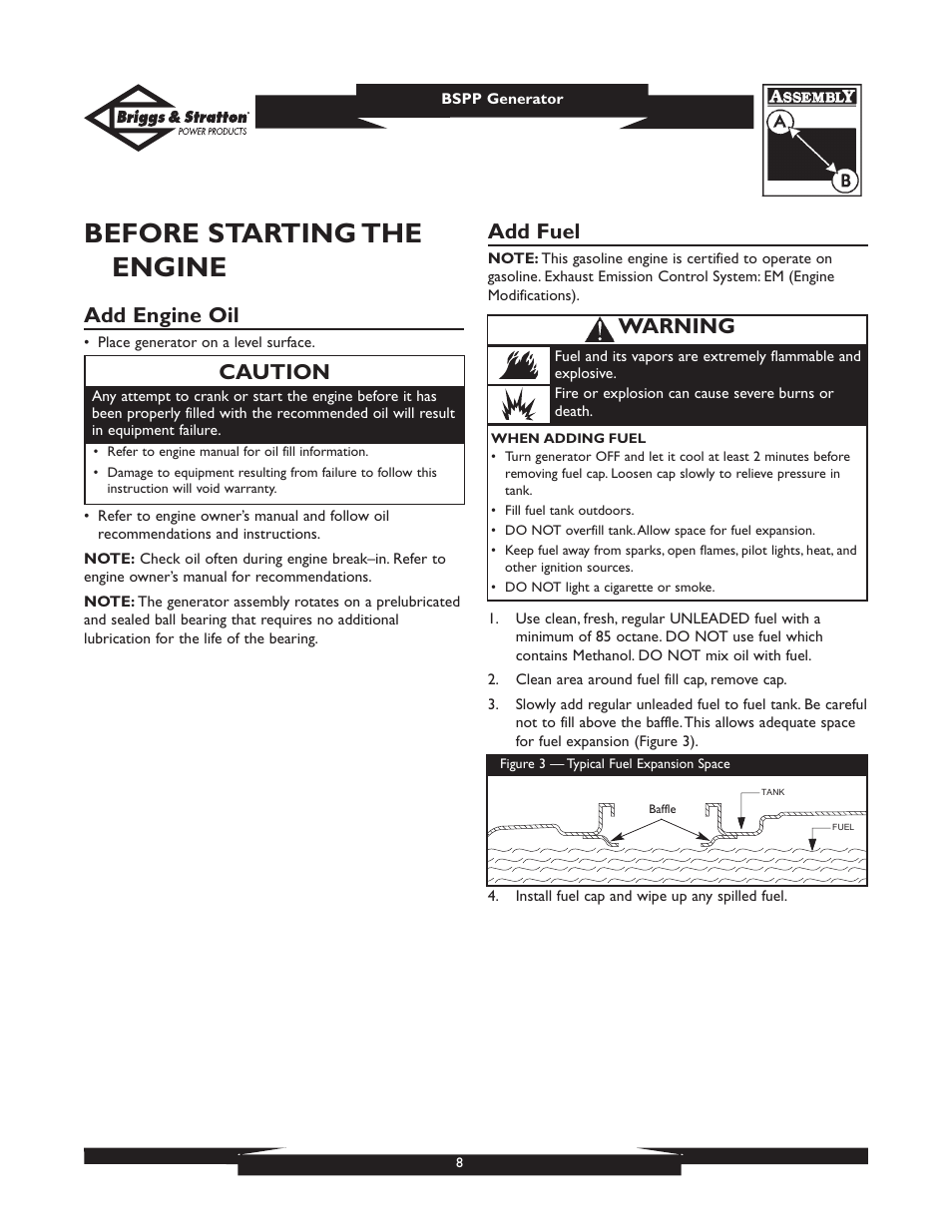 Before starting the engine, Add engine oil, Add fuel | Warning, Caution | Briggs & Stratton PRO8000 User Manual | Page 8 / 60