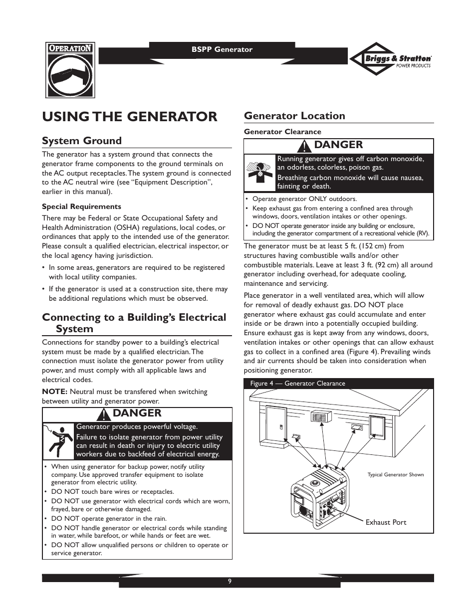 Using the generator, System ground, Connecting to a building’s electrical system | Generator location, Danger | Briggs & Stratton PRO8000 User Manual | Page 9 / 60