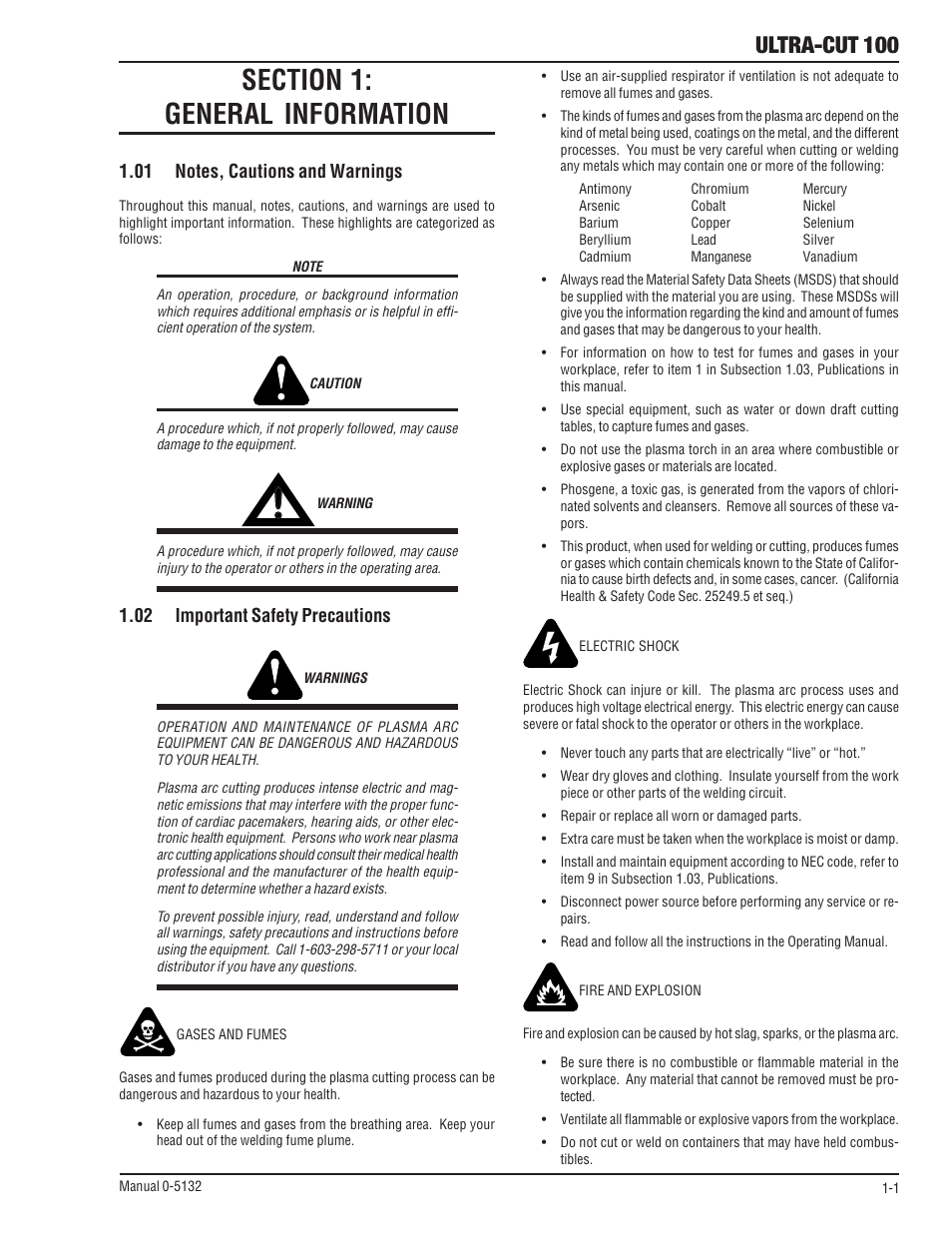 Section 1: general information, 01 notes, cautions and warnings, 02 important safety precautions | Section 1, General information -1, Ultra-cut 100 | Tweco 100 Ultra-Cut(March 2013) User Manual | Page 9 / 166