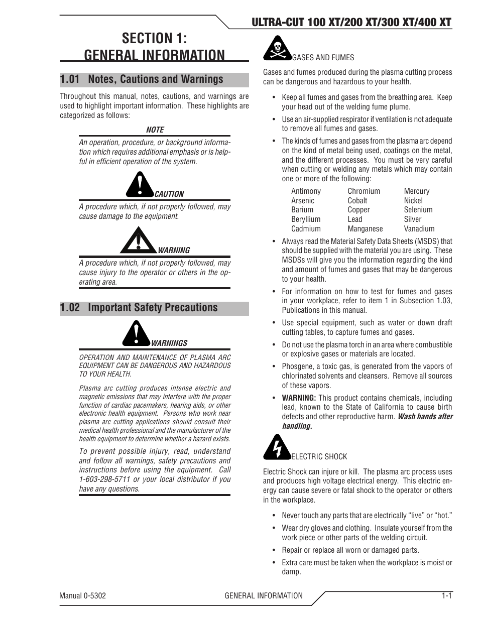 Section 1: general information, 01 notes, cautions and warnings, 02 important safety precautions | Tweco 400 Ultra-Cut(May 2014) User Manual | Page 7 / 220