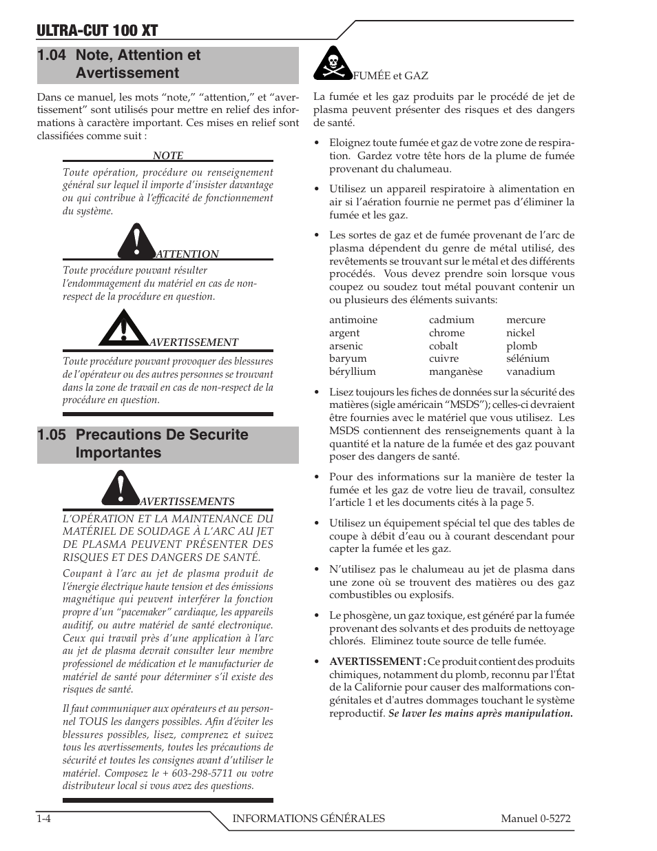 04 note, attention et avertissement, 05 precautions de securite importantes, Ultra-cut 100 xt | Tweco 100 XT Ultra-Cut Plasma Cutting System User Manual | Page 10 / 188