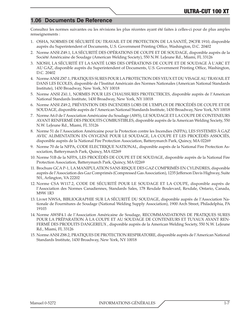 08 statement of warranty, Ultra-cut 100 xt, 06 documents de reference | Tweco 100 XT Ultra-Cut Plasma Cutting System User Manual | Page 13 / 188