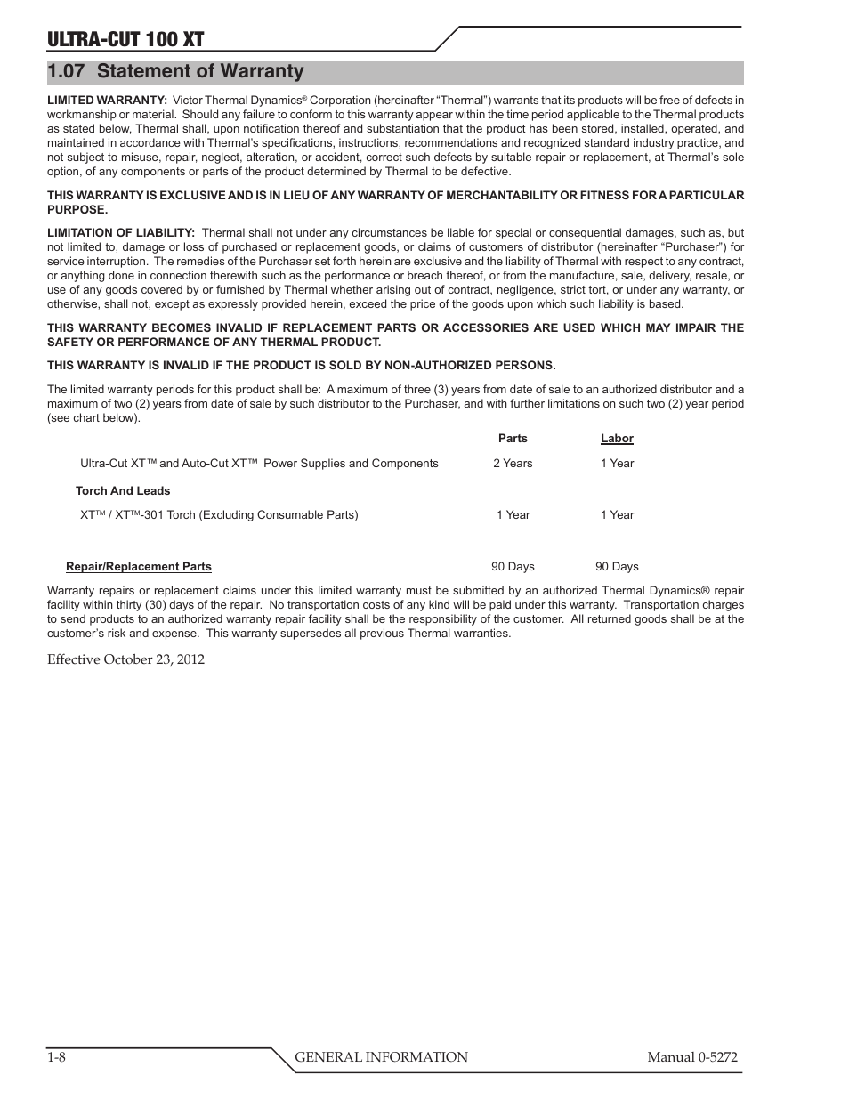 Ultra-cut 100 xt, 07 statement of warranty | Tweco 100 XT Ultra-Cut Plasma Cutting System User Manual | Page 14 / 188