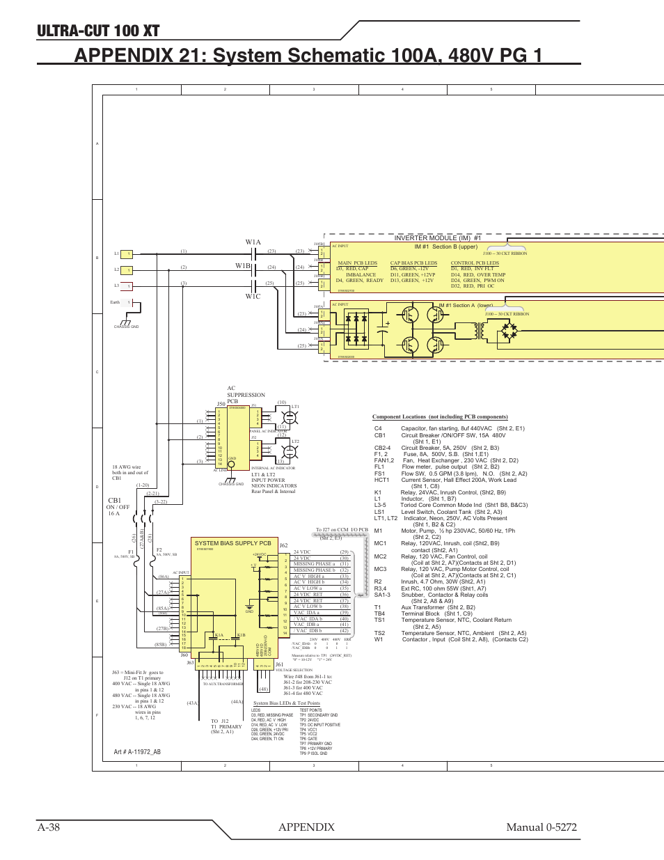 Appendix 21: system schematic 100a, 480v pg 1, Ultra-cut 100 xt | Tweco 100 XT Ultra-Cut Plasma Cutting System User Manual | Page 144 / 188