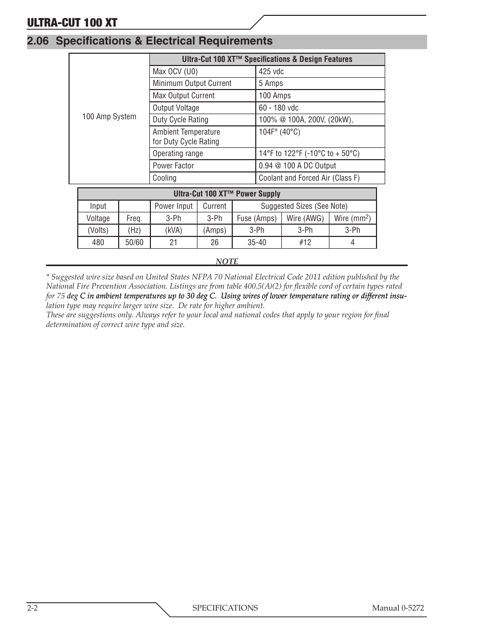 06 specifications & electrical requirements, Ultra-cut 100 xt | Tweco 100 XT Ultra-Cut Plasma Cutting System User Manual | Page 16 / 188