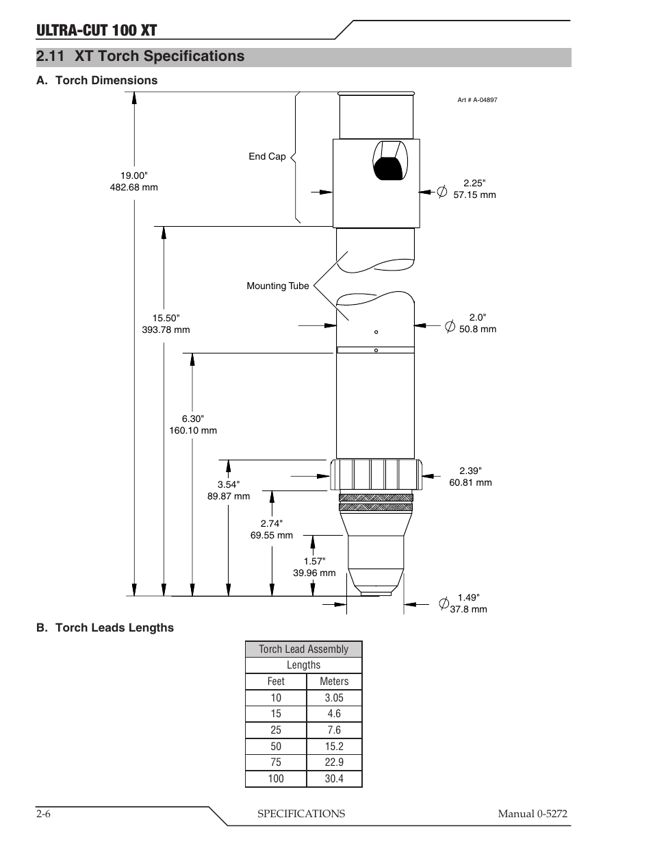 11 xt torch specifications, Ultra-cut 100 xt | Tweco 100 XT Ultra-Cut Plasma Cutting System User Manual | Page 20 / 188