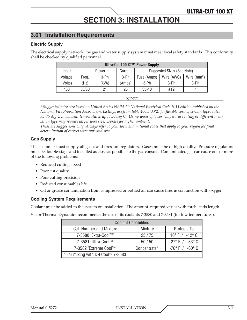 Ultra-cut 100 xt, 01 installation requirements | Tweco 100 XT Ultra-Cut Plasma Cutting System User Manual | Page 23 / 188