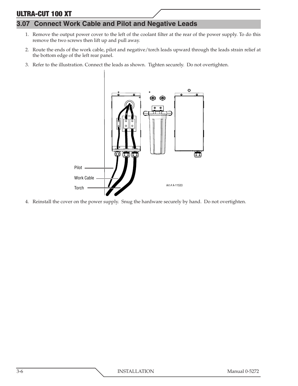 Ultra-cut 100 xt, 07 connect work cable and pilot and negative leads | Tweco 100 XT Ultra-Cut Plasma Cutting System User Manual | Page 28 / 188
