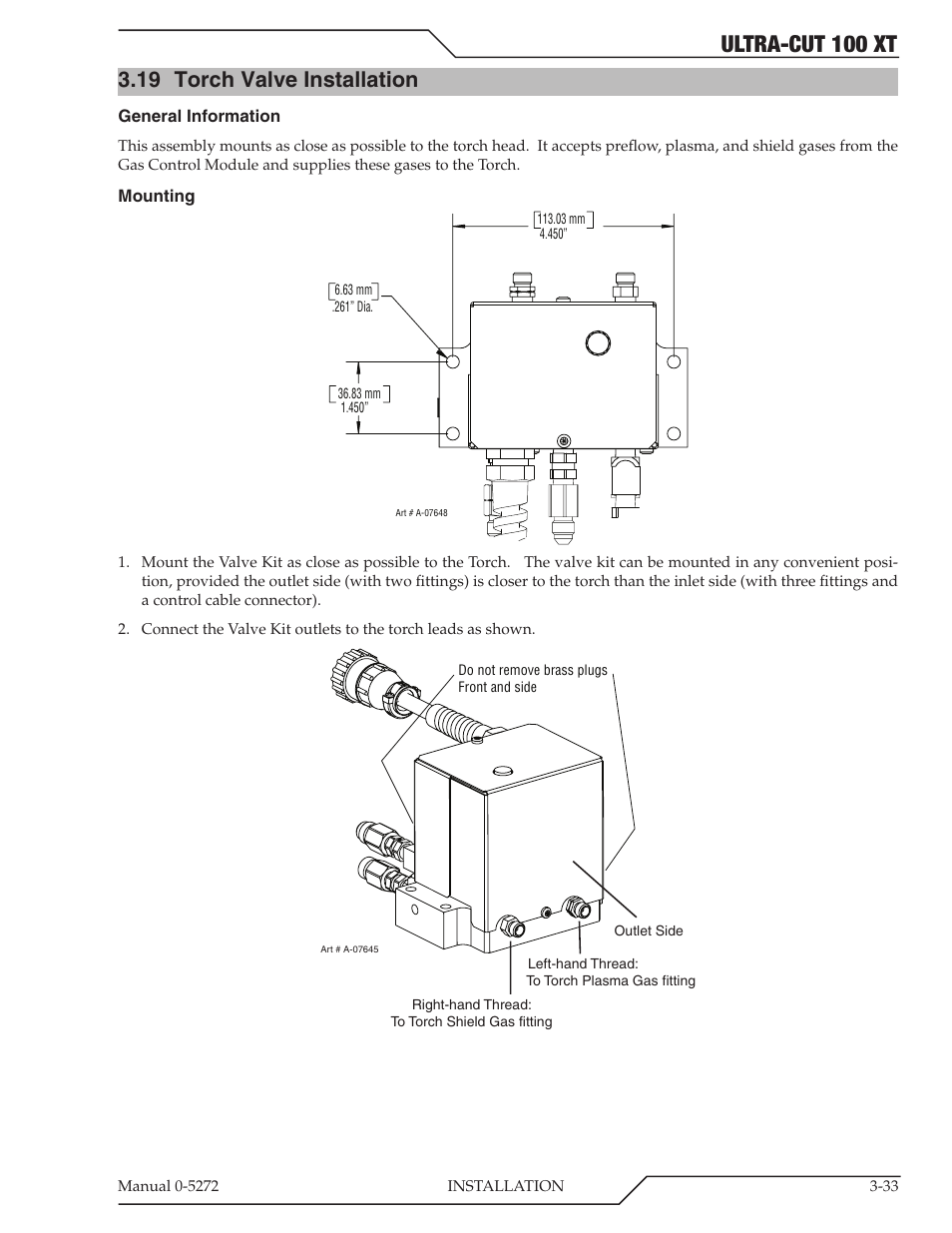 Ultra-cut 100 xt, 19 torch valve installation | Tweco 100 XT Ultra-Cut Plasma Cutting System User Manual | Page 55 / 188
