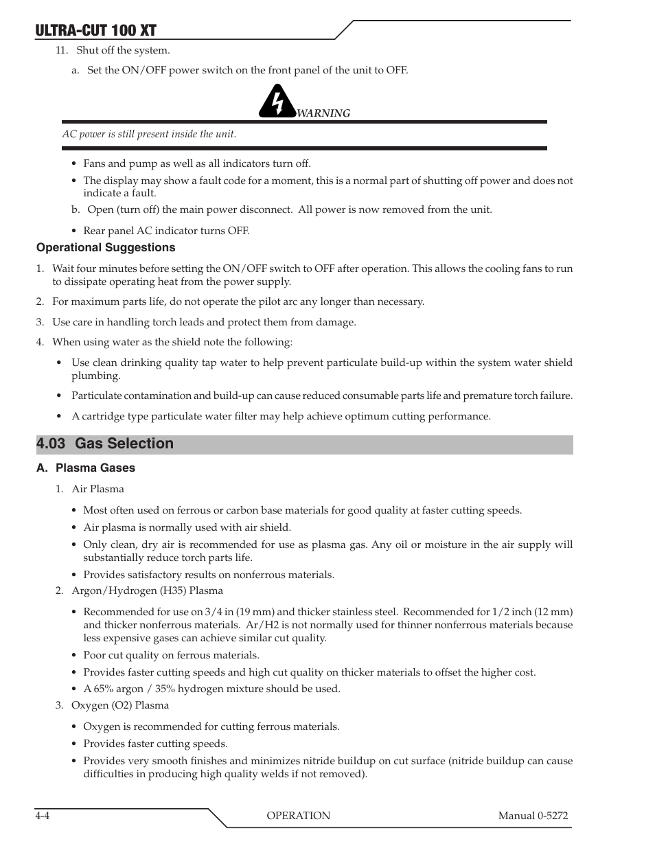 03 gas selection, Ultra-cut 100 xt | Tweco 100 XT Ultra-Cut Plasma Cutting System User Manual | Page 68 / 188