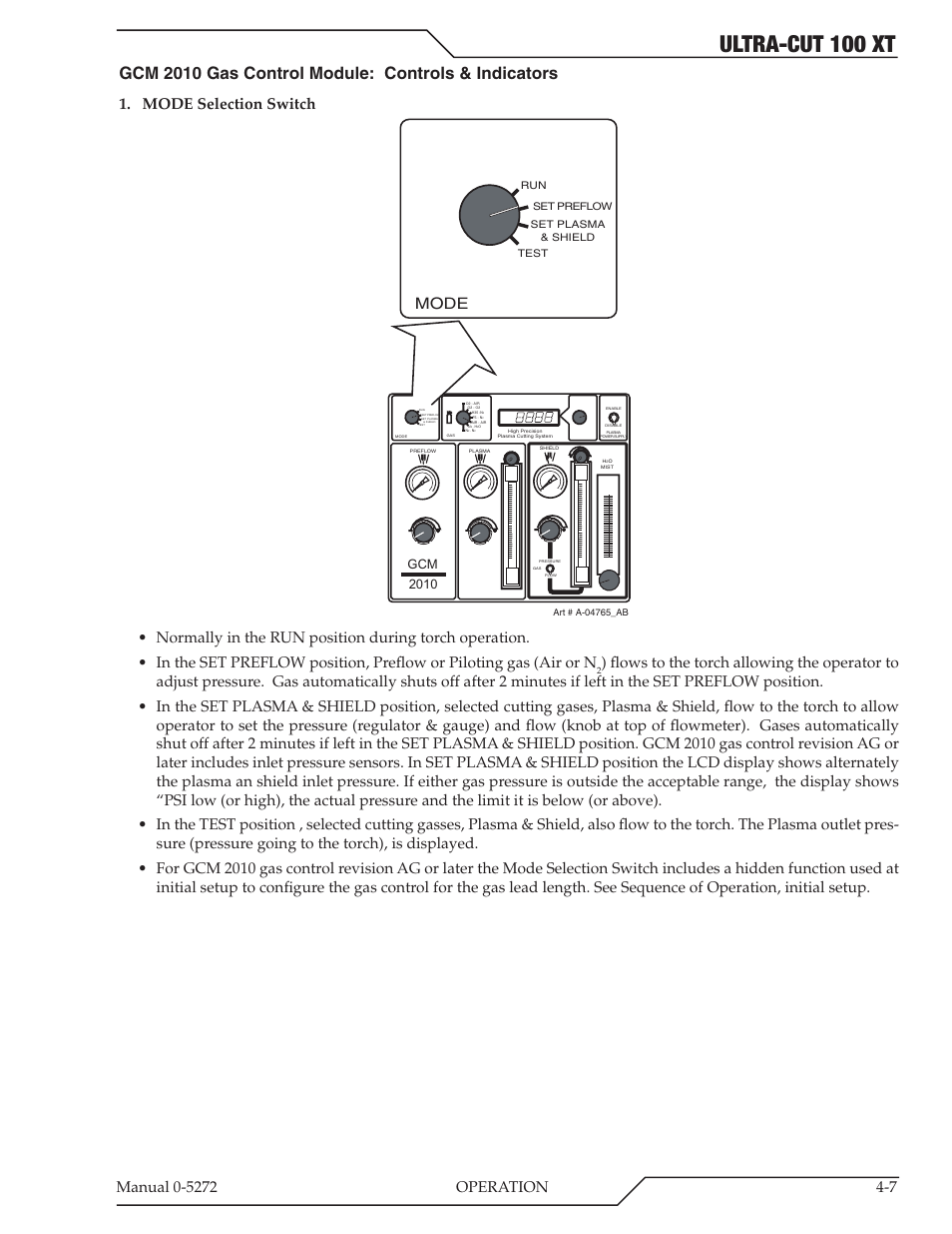Ultra-cut 100 xt, Gcm 2010 gas control module: controls & indicators, Mode selection switch mode | Gcm 2010 | Tweco 100 XT Ultra-Cut Plasma Cutting System User Manual | Page 71 / 188