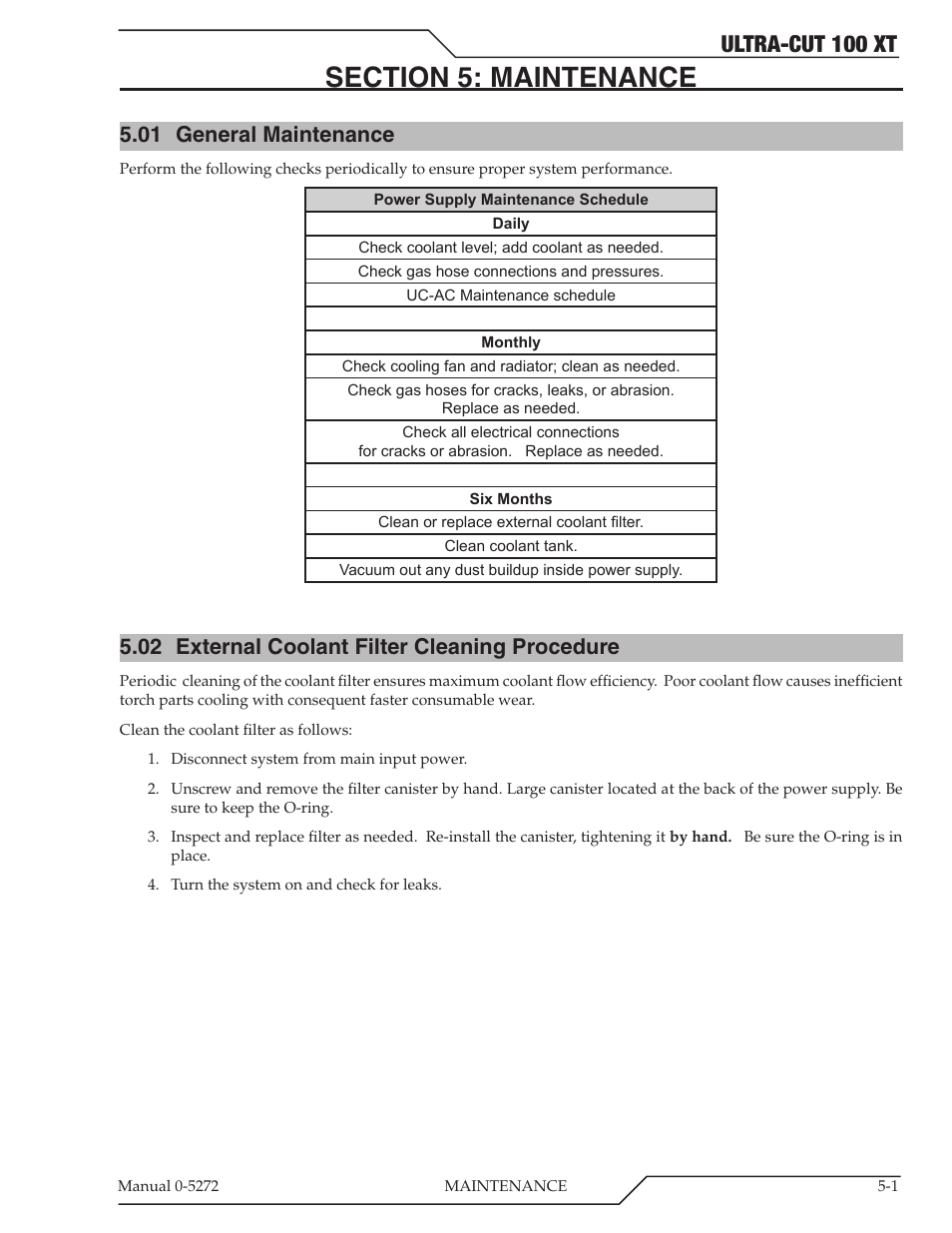 Section 5: maintenance, 01 general maintenance, 02 external coolant filter cleaning procedure | Ultra-cut 100 xt | Tweco 100 XT Ultra-Cut Plasma Cutting System User Manual | Page 85 / 188