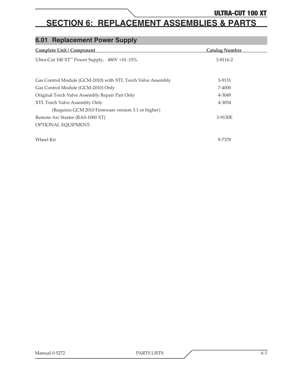 Section 6: replacement assemblies & parts, 01 replacement power supply, Ultra-cut 100 xt | Tweco 100 XT Ultra-Cut Plasma Cutting System User Manual | Page 87 / 188