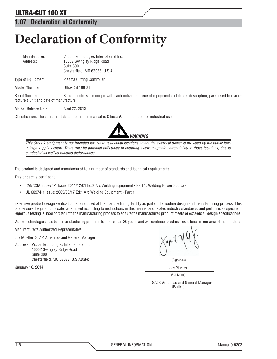 Declaration of conformity, Ultra-cut 100 xt, 07 declaration of conformity | Tweco 100 Ultra-Cut Plasma Cutting System with Automated Gas Control User Manual | Page 14 / 208