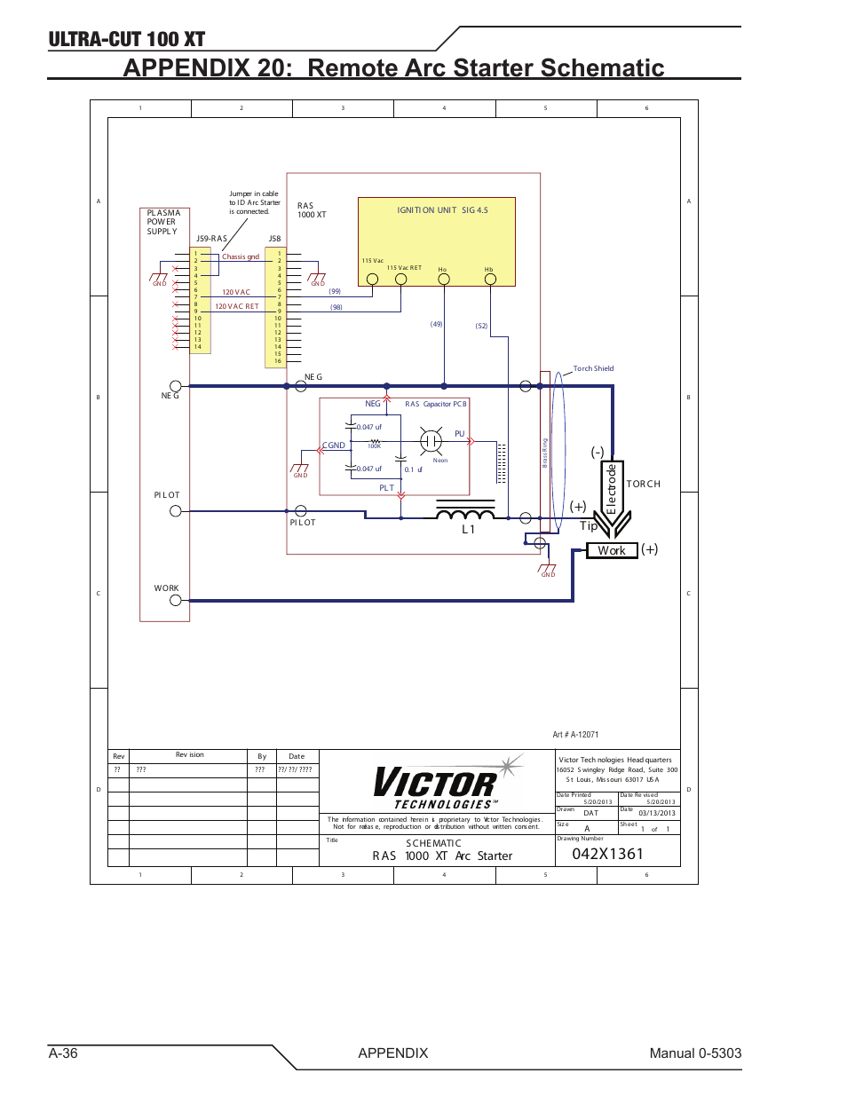 Appendix 20: remote arc starter schematic, Ultra-cut 100 xt, R as 1000 xt arc starter | Work tip e lec tro de | Tweco 100 Ultra-Cut Plasma Cutting System with Automated Gas Control User Manual | Page 160 / 208