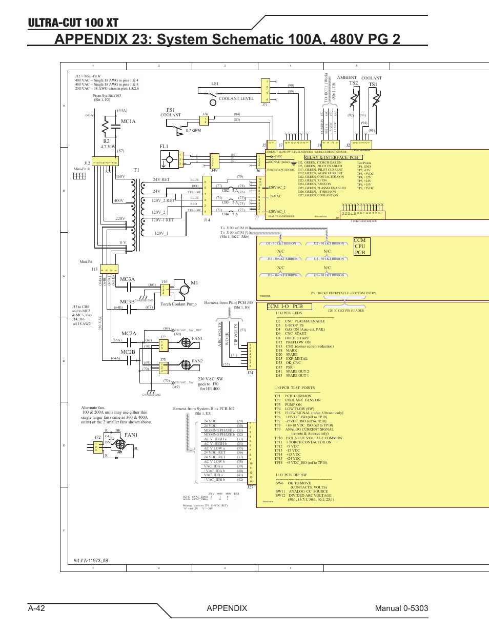 Appendix 23: system schematic 100a, 480v pg 2, Ultra-cut 100 xt, Ccm cpu pcb ccm i-o pcb | Mc3a mc3b, Mc2a mc2b ts1, Mc1a, Fan1 | Tweco 100 Ultra-Cut Plasma Cutting System with Automated Gas Control User Manual | Page 166 / 208