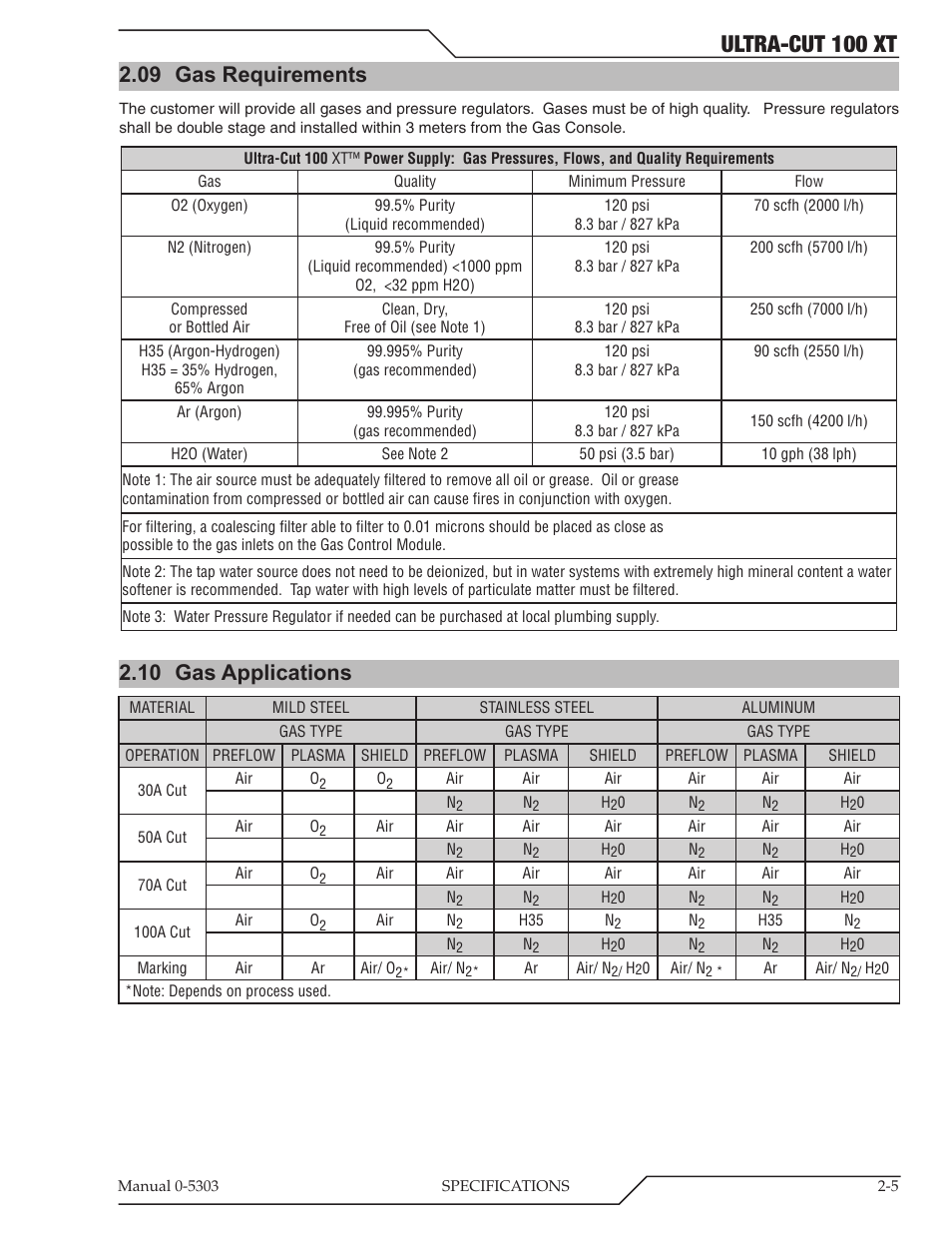09 gas requirements, 10 gas applications, Gas requirements -5 | Gas applications -5, Ultra-cut 100 xt | Tweco 100 Ultra-Cut Plasma Cutting System with Automated Gas Control User Manual | Page 21 / 208