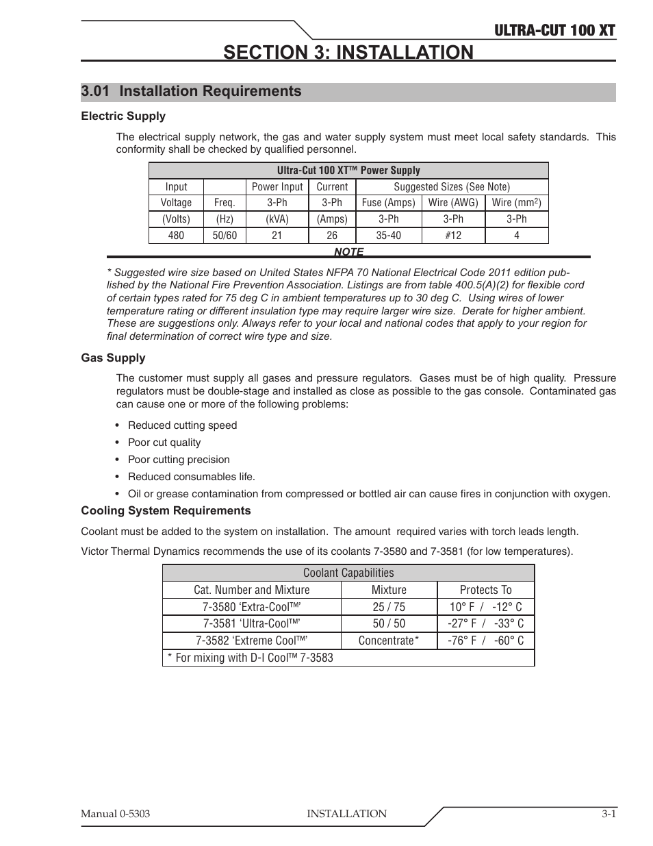 Section 3: installation, 01 installation requirements, Section 3: installation -1 | Installation requirements -1, Ultra-cut 100 xt | Tweco 100 Ultra-Cut Plasma Cutting System with Automated Gas Control User Manual | Page 25 / 208