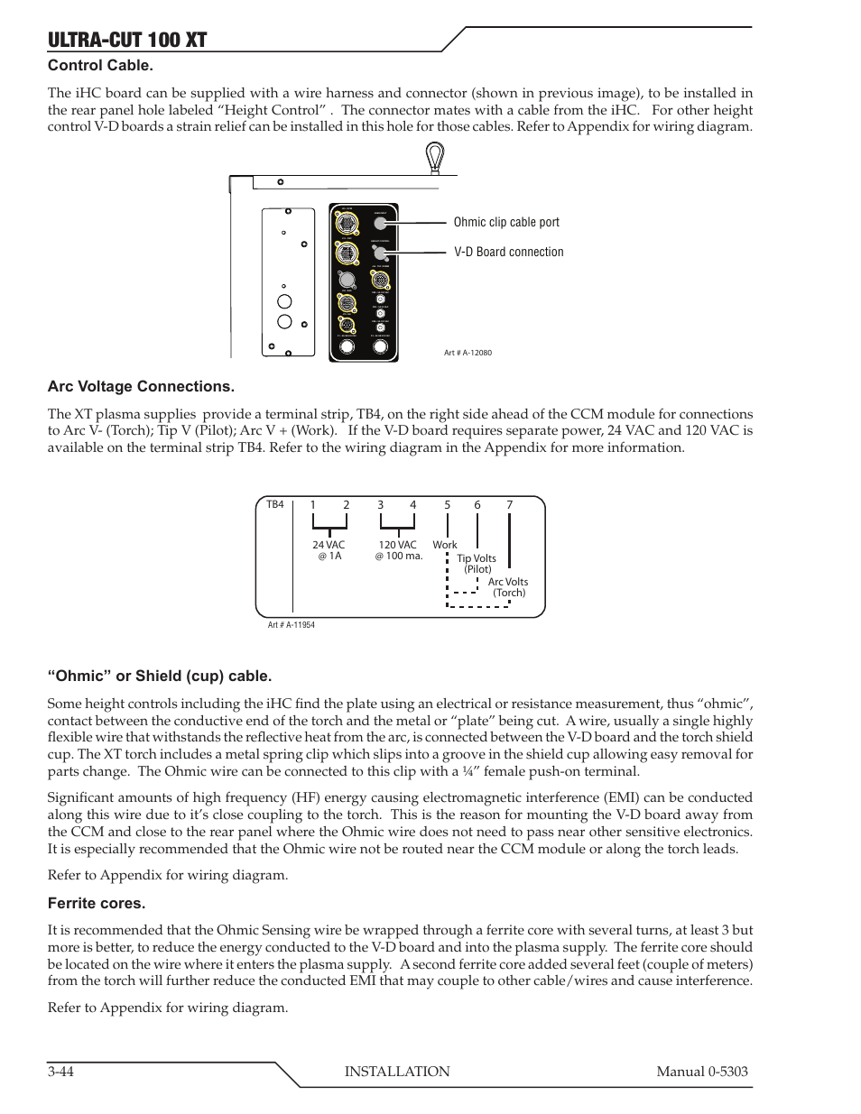 Ultra-cut 100 xt, Control cable, Arc voltage connections | Ohmic” or shield (cup) cable, Ferrite cores | Tweco 100 Ultra-Cut Plasma Cutting System with Automated Gas Control User Manual | Page 68 / 208