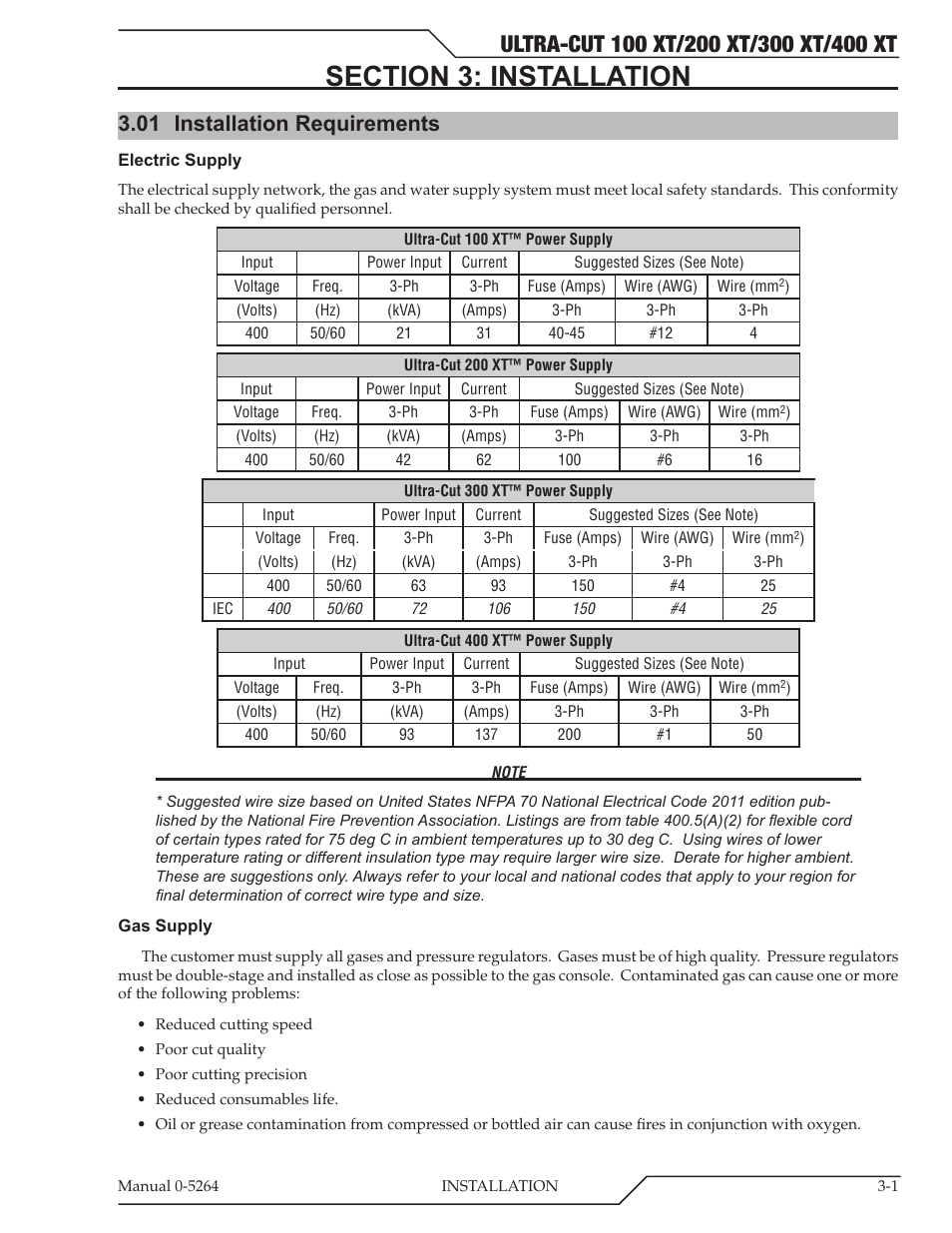 Section 3: installation, 01 installation requirements, Section 3: installation -1 | Installation requirements -1 | Tweco 400 Ultra-Cut(October 2014) User Manual | Page 27 / 202