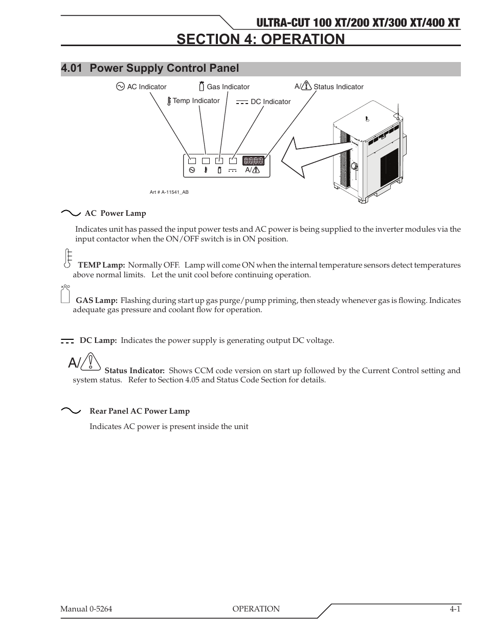 Section 4: operation, 01 power supply control panel, Section 4: operation -1 | Power supply control panel -1 | Tweco 400 Ultra-Cut(October 2014) User Manual | Page 65 / 202