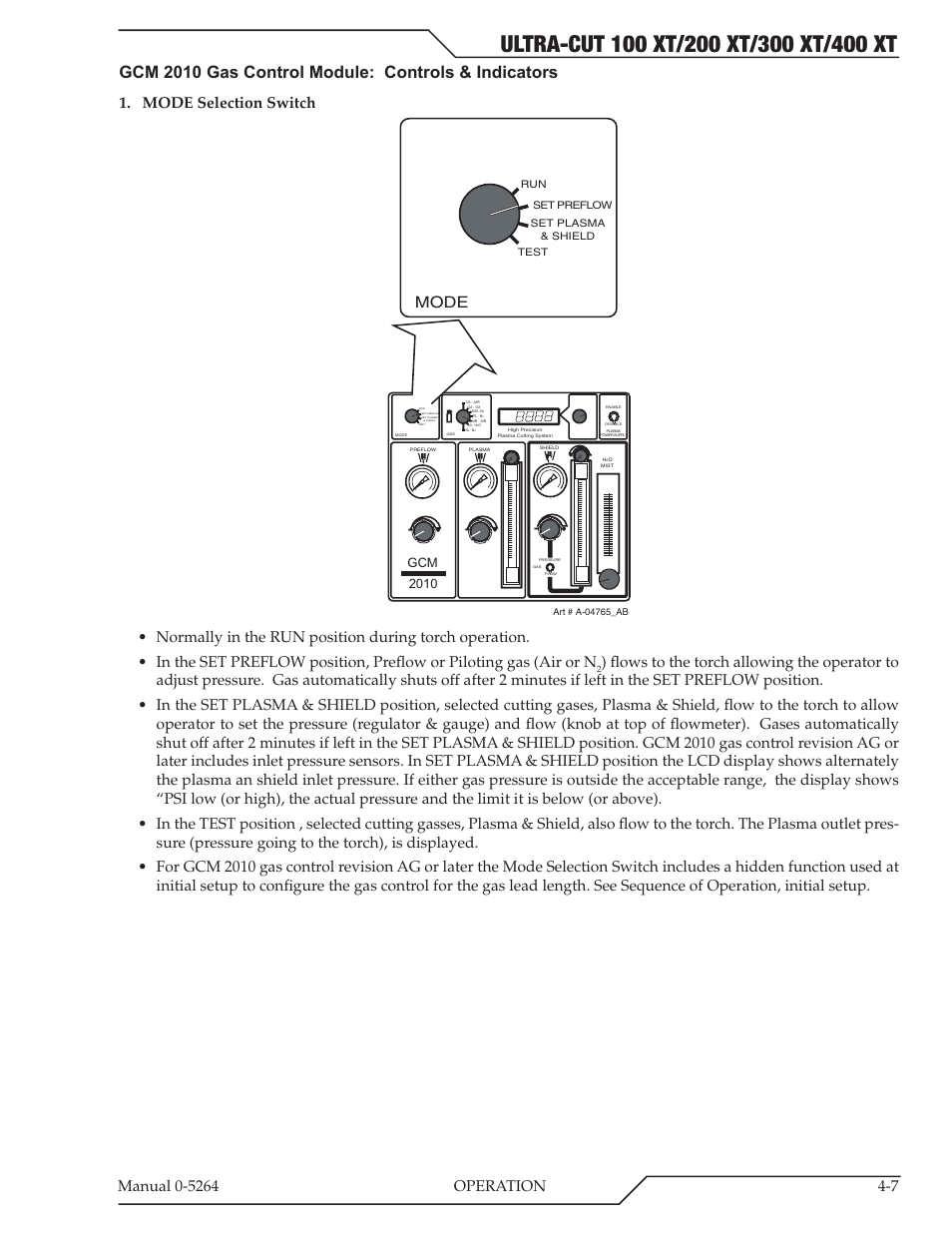 Gcm 2010 gas control module: controls & indicators, Mode selection switch mode, Gcm 2010 | Tweco 400 Ultra-Cut(October 2014) User Manual | Page 71 / 202