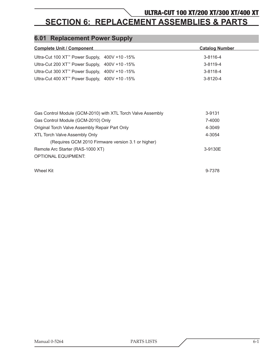 Section 6: replacement assemblies & parts, 01 replacement power supply, Section 6: replacement assemblies & parts -1 | Replacement power supply -1 | Tweco 400 Ultra-Cut(October 2014) User Manual | Page 87 / 202