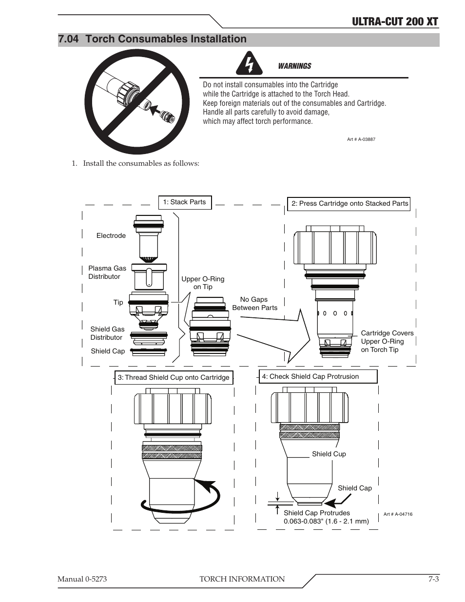 04 torch consumables installation, Torch consumables installation -3, Ultra-cut 200 xt | Tweco 200 XT Ultra-Cut Plasma Cutting System User Manual | Page 103 / 188