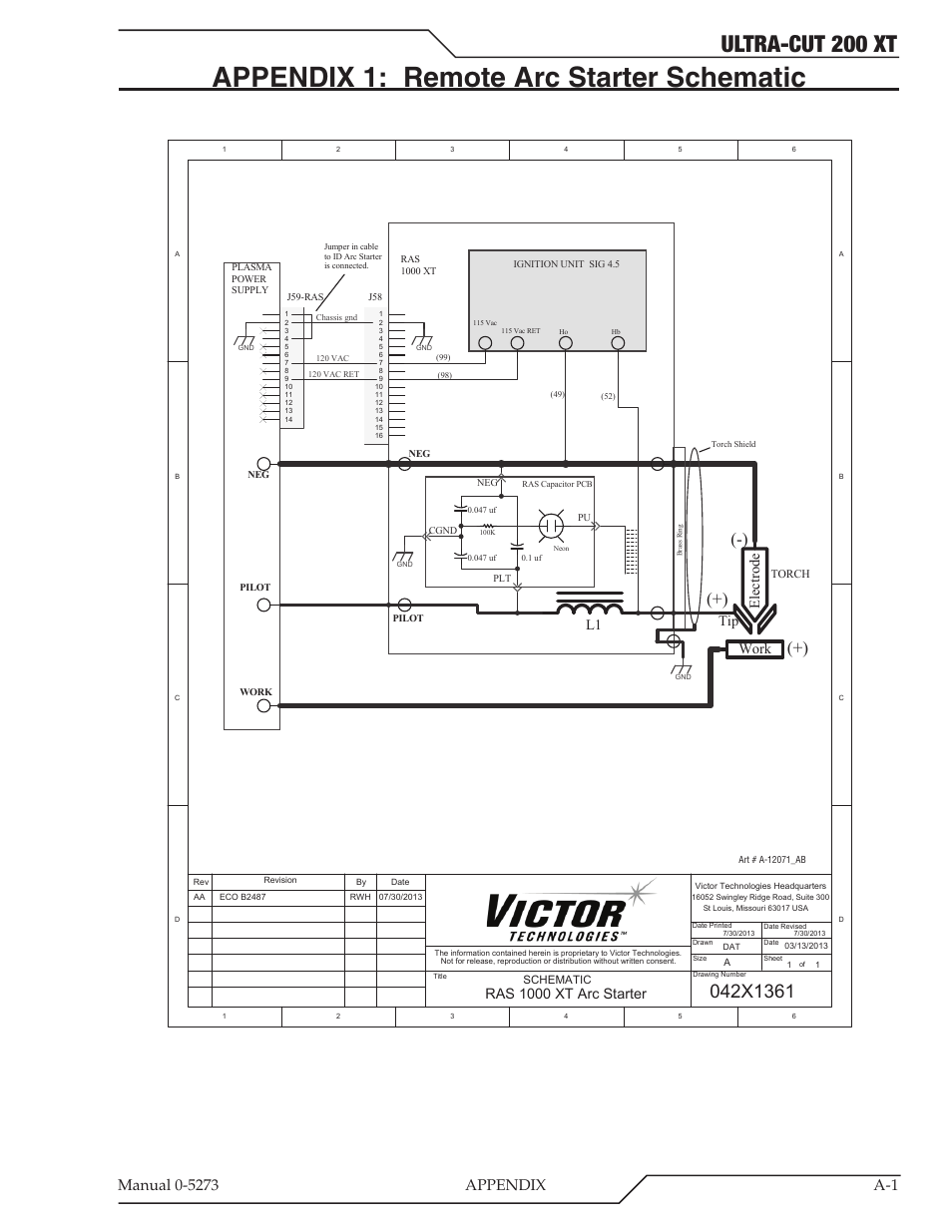 Appendix 1: remote arc starter schematic, Ultra-cut 200 xt, Ras 1000 xt arc starter | Work tip ele ct ro de | Tweco 200 XT Ultra-Cut Plasma Cutting System User Manual | Page 107 / 188