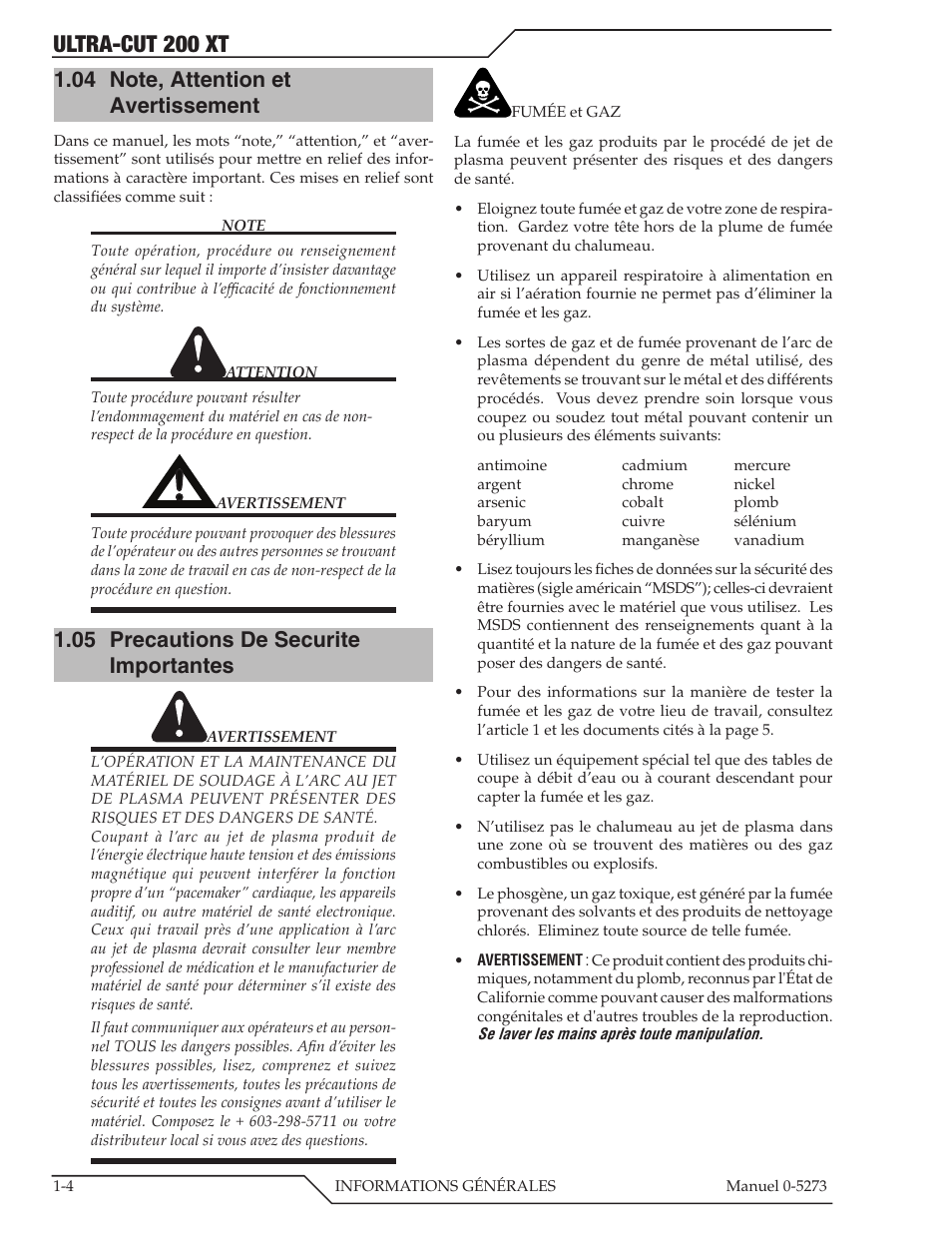 Ultra-cut 200 xt, 05 precautions de securite importantes | Tweco 200 XT Ultra-Cut Plasma Cutting System User Manual | Page 12 / 188