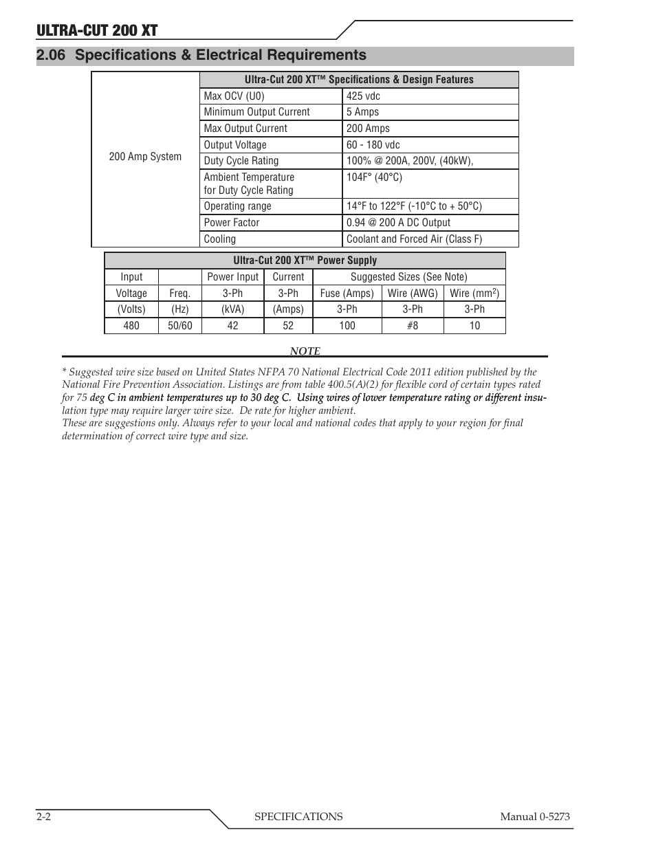 06 specifications & electrical requirements, Specifications & electrical requirements -2, Ultra-cut 200 xt | Tweco 200 XT Ultra-Cut Plasma Cutting System User Manual | Page 18 / 188