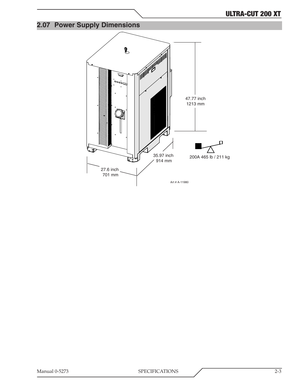 07 power supply dimensions, Power supply dimensions -3, Ultra-cut 200 xt | Tweco 200 XT Ultra-Cut Plasma Cutting System User Manual | Page 19 / 188