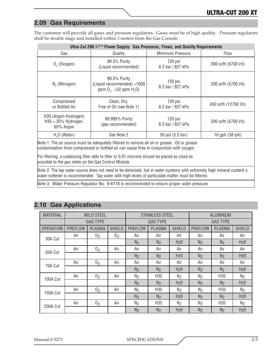 09 gas requirements, 10 gas applications, Gas requirements -5 | Gas applications -5, Ultra-cut 200 xt | Tweco 200 XT Ultra-Cut Plasma Cutting System User Manual | Page 21 / 188