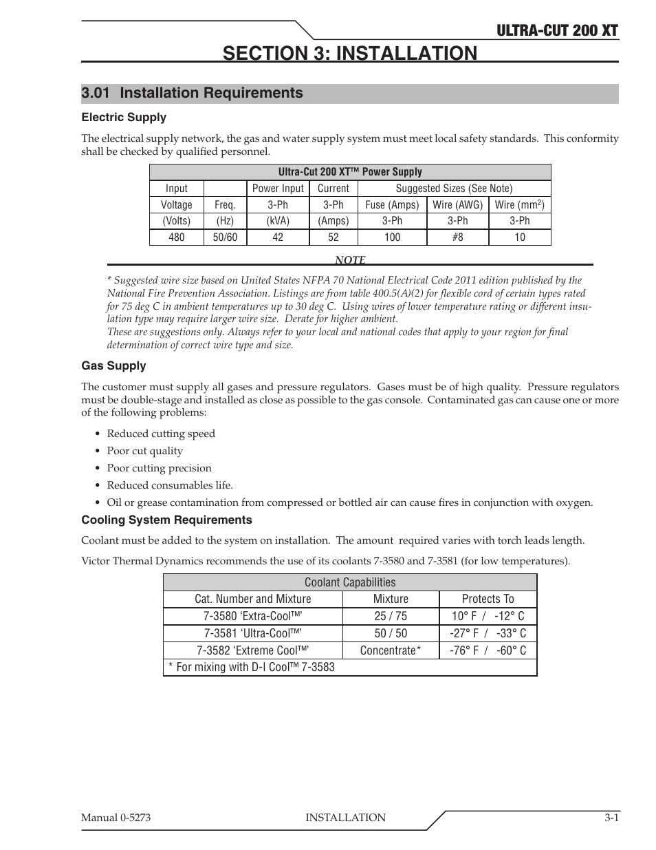 Section 3: installation, 01 installation requirements, Section 3: installation -1 | Installation requirements -1, Ultra-cut 200 xt | Tweco 200 XT Ultra-Cut Plasma Cutting System User Manual | Page 25 / 188
