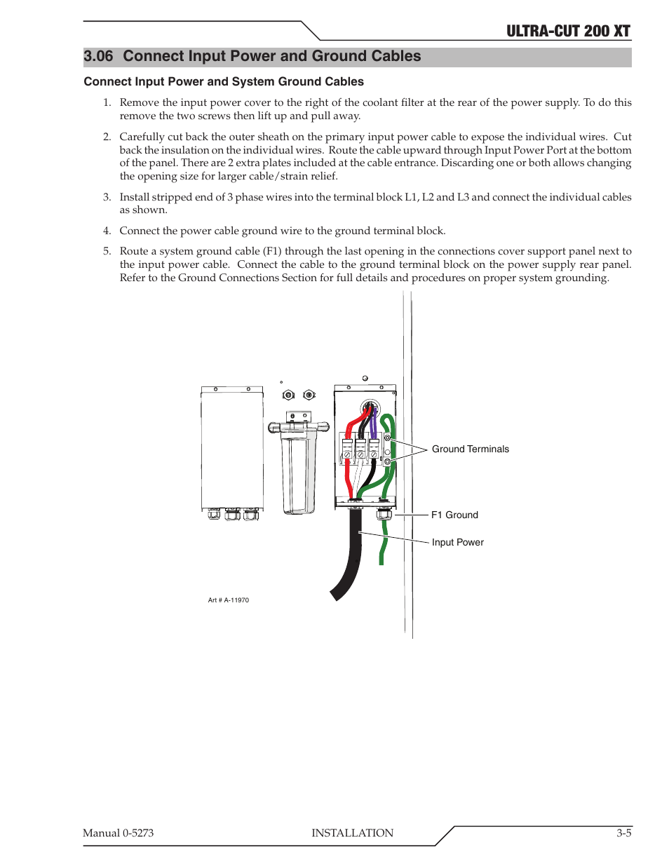 06 connect input power and ground cables, Connect input power and ground cables -5, Ultra-cut 200 xt | Tweco 200 XT Ultra-Cut Plasma Cutting System User Manual | Page 29 / 188