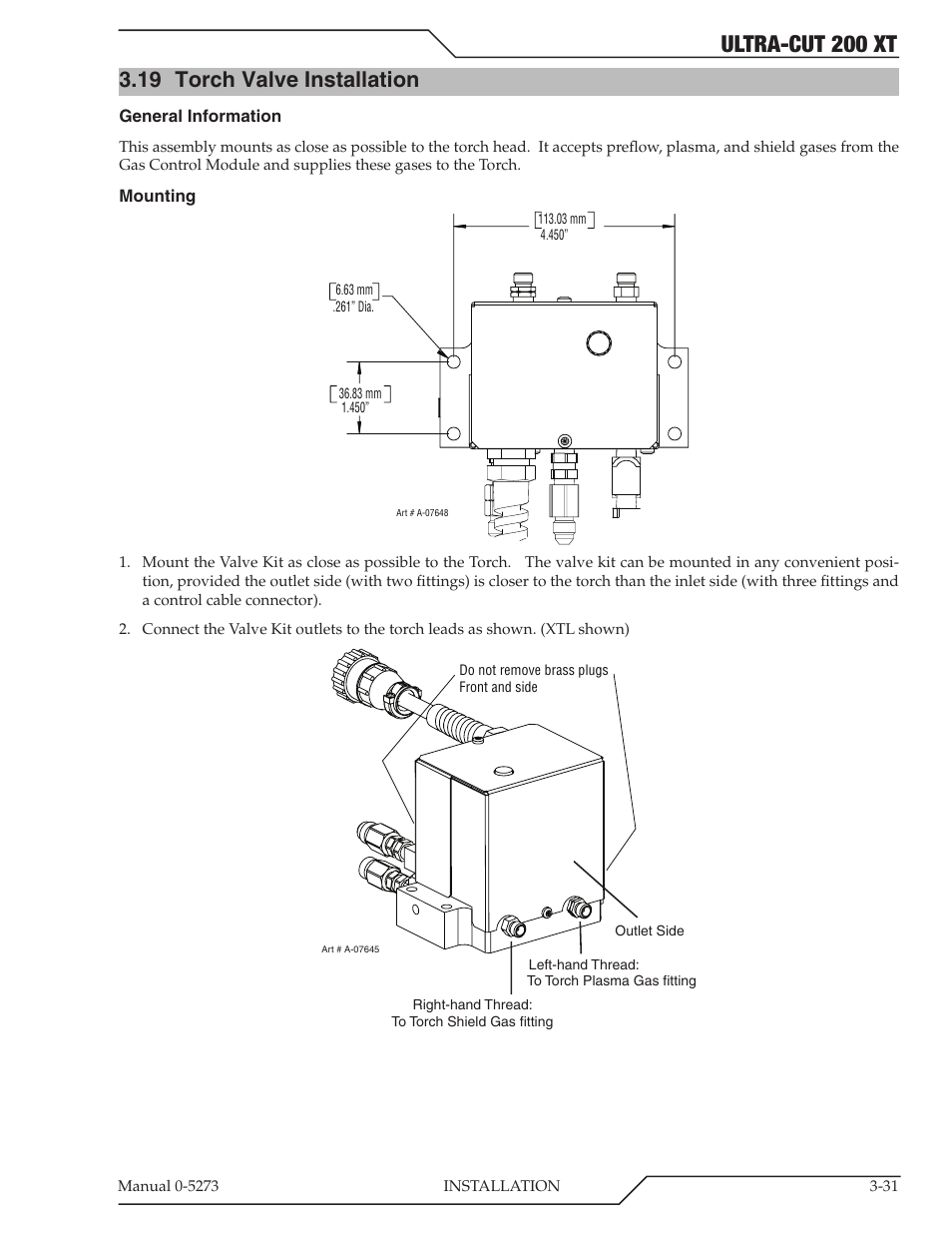 19 torch valve installation, Torch valve installation -31, Ultra-cut 200 xt | Tweco 200 XT Ultra-Cut Plasma Cutting System User Manual | Page 55 / 188