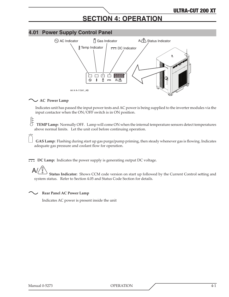 Section 4: operation, 01 power supply control panel, Section 4: operation -1 | Power supply control panel -1, Ultra-cut 200 xt | Tweco 200 XT Ultra-Cut Plasma Cutting System User Manual | Page 65 / 188