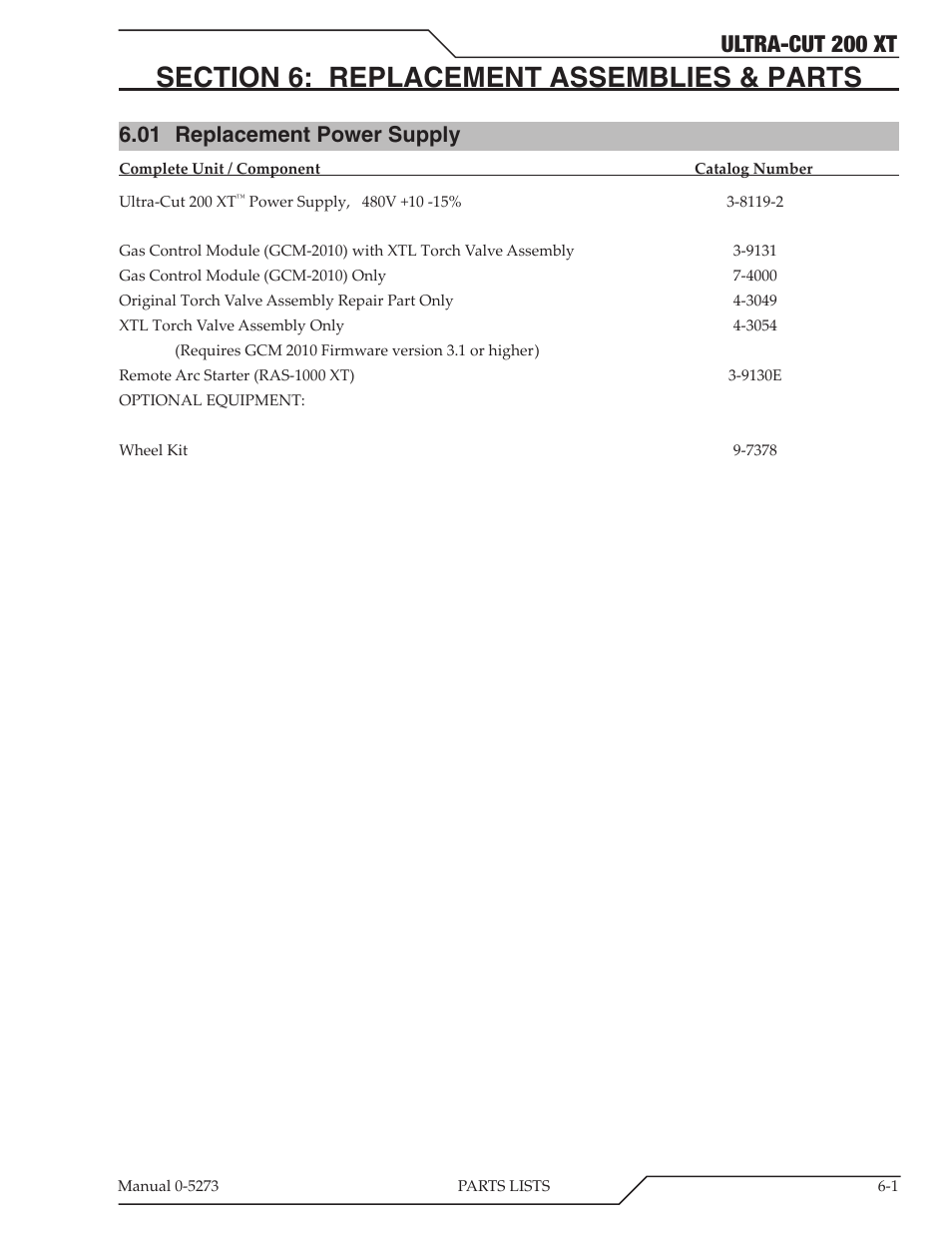 Section 6: replacement assemblies & parts, 01 replacement power supply, Section 6: replacement assemblies & parts -1 | Replacement power supply -1, Ultra-cut 200 xt | Tweco 200 XT Ultra-Cut Plasma Cutting System User Manual | Page 87 / 188