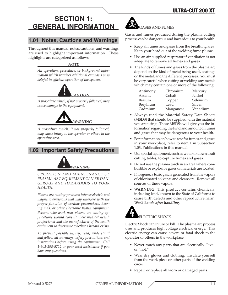 Section 1: general information, 01 notes, cautions and warnings, 02 important safety precautions | Section 1, General information -1, Notes, cautions and warnings -1, Important safety precautions -1, Ultra-cut 200 xt | Tweco 200 XT Ultra-Cut Plasma Cutting System User Manual | Page 9 / 188