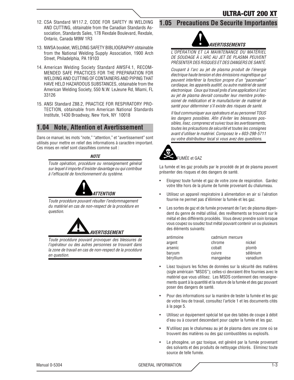 04 note, attention et avertissement, 05 precautions de securite importantes, Note, attention et avertissement -3 | Precautions de securite importantes -3, Ultra-cut 200 xt | Tweco 200 XT Ultra-Cut Plasma Cutting System With Automated Gas Control User Manual | Page 11 / 208