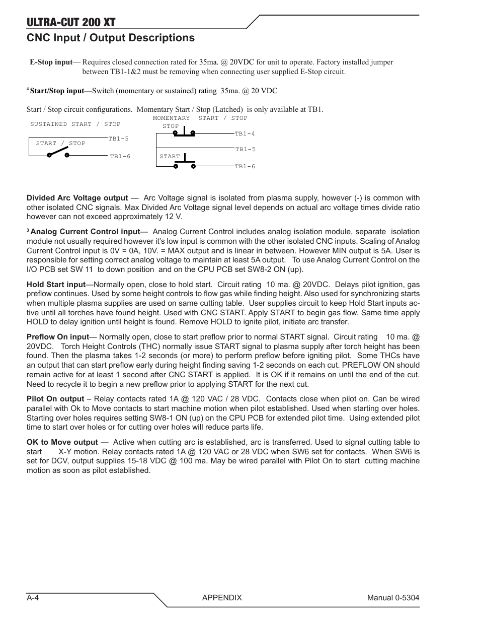 Cnc input / output descriptions, Ultra-cut 200 xt | Tweco 200 XT Ultra-Cut Plasma Cutting System With Automated Gas Control User Manual | Page 128 / 208